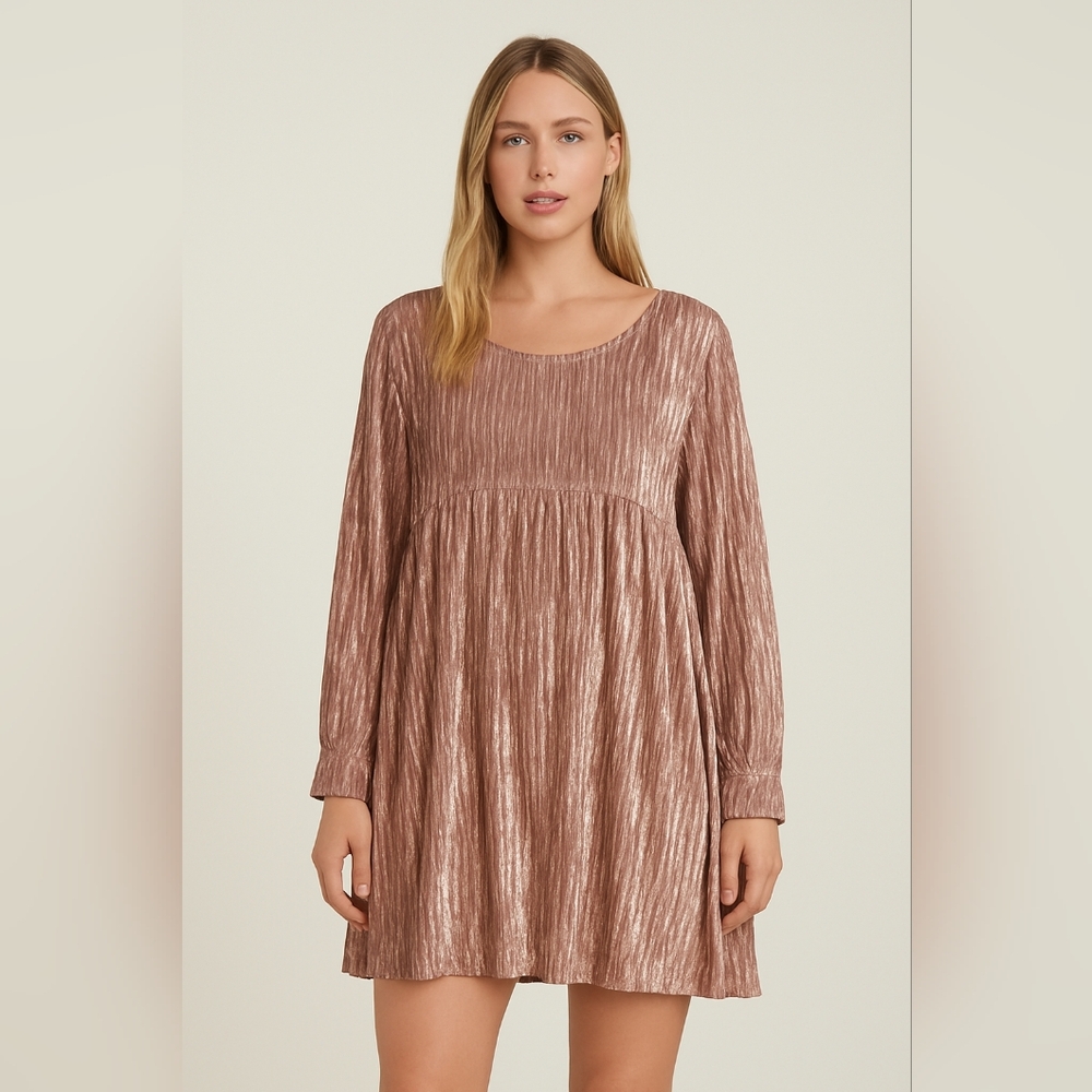 NWT Nostalgia Crushed Velvet Rose Gold Metallic Babydoll Mini Dress Size XL Glam